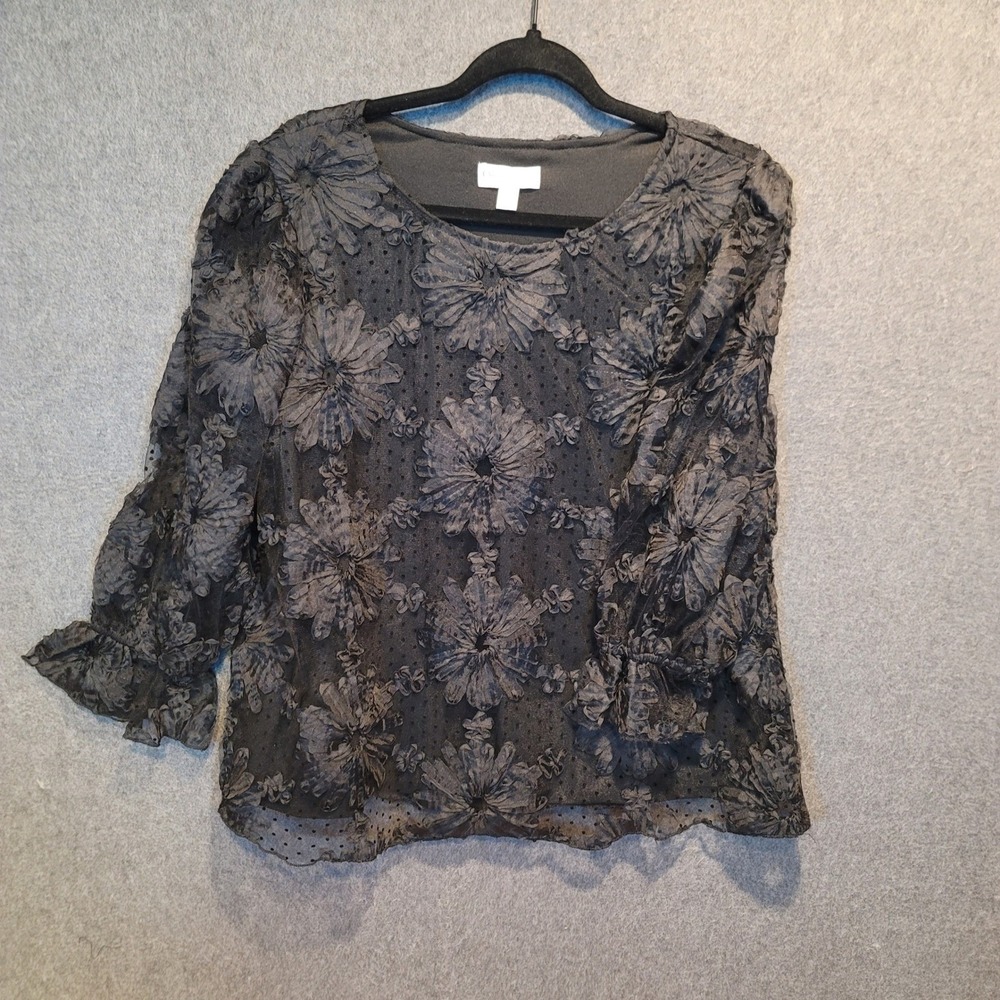 Black Ribbon Floral Burnout Sheer Mesh Top Lrg Whimsigoth Fairy Grunge Cottage